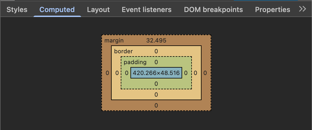 Computed-fliken i Chrome DevTools med boxmodellens färgkodade diagram: blå content, grön padding, gul border och orange margin