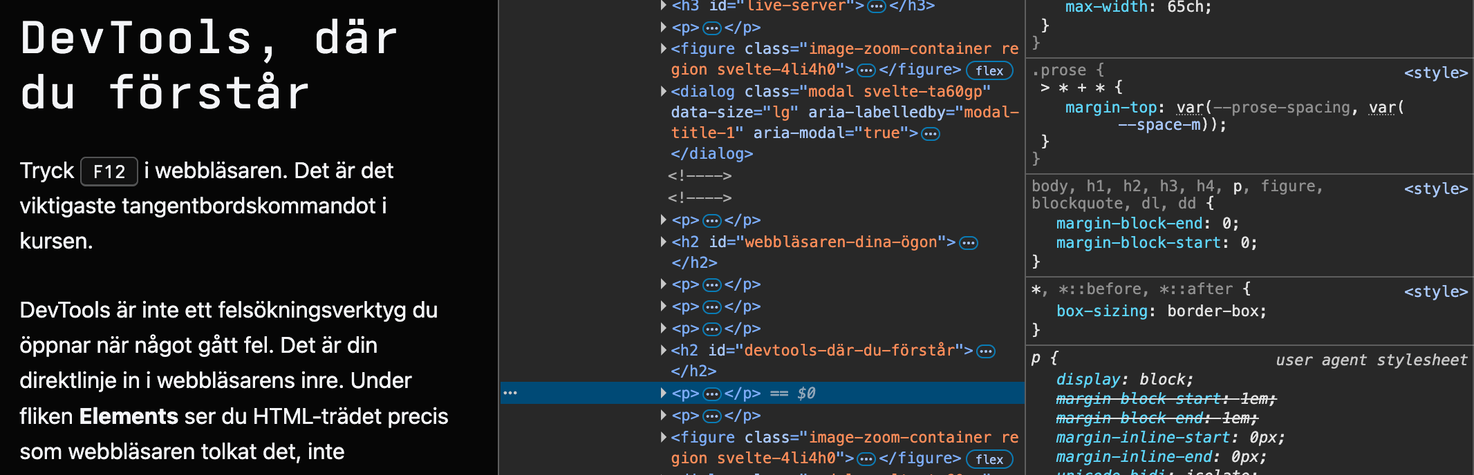 Chrome DevTools öppet med Elements-panelen till vänster och Styles-panelen till höger, ett styckelement markerat på sidan
