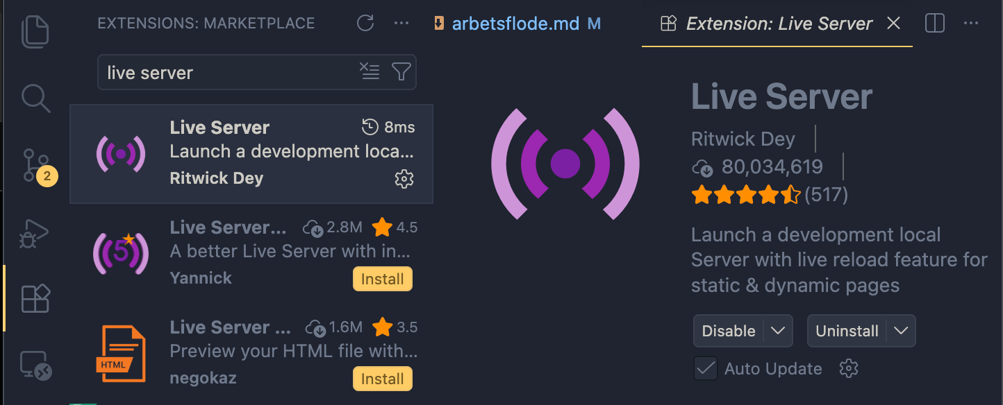 Extensions-panelen i VS Code med Live Server i sökresultatet, redo att installeras