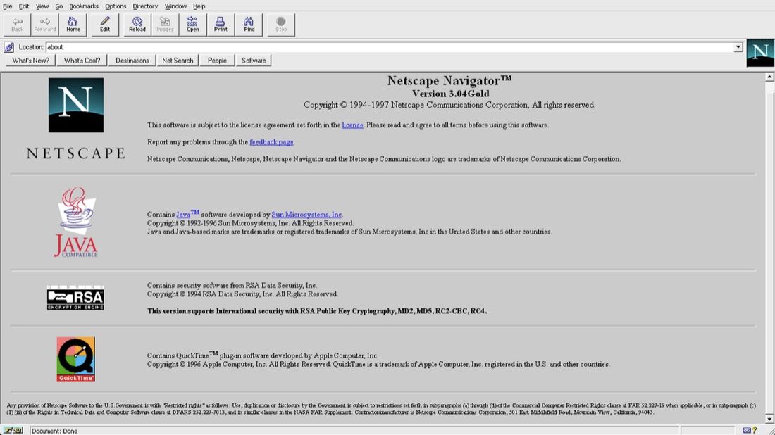 Skärmdump av webbläsaren Netscape Navigator 3 från 1996. Överst en verktygsrad med knapparna Back, Forward, Home, Reload, Images, Open, Print, Find och Stop, under den en adressrad märkt Location, och därunder en rad med knapparna What's New?, What's Cool?, Destinations, Net Search, People och Software. Längst ned en statusrad där det står Document: Done.