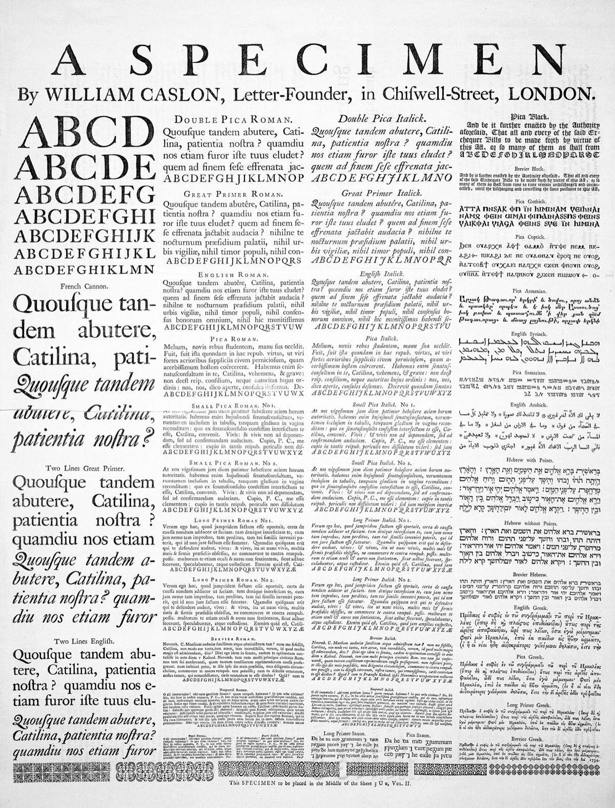 Typprov från William Caslons stilgjuteri i London på 1700-talet. Rubriken A SPECIMEN i mycket stor grad överst, därunder spalter med samma typsnitt satt i fallande storlekar, varje storlek märkt med sitt namn: Double Pica, Great Primer, English, Pica, Long Primer, Brevier. Raka och kursiva varianter står bredvid varandra, och längst till höger visas grekiska, hebreiska och andra skriftsystem.